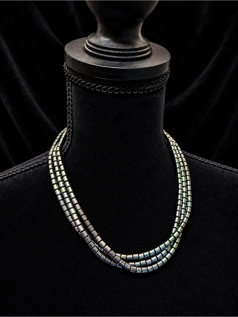 Silvery Hematite Three Strand Bead Necklace with Twist Clasp
